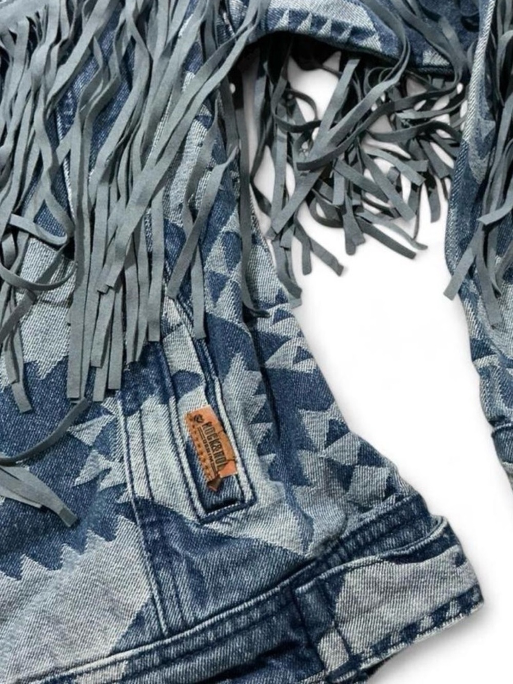 Rock & Roll Denim Aztec Western Fringe Denim Jacket Sz Large Festival Country - Picture 3 of 7